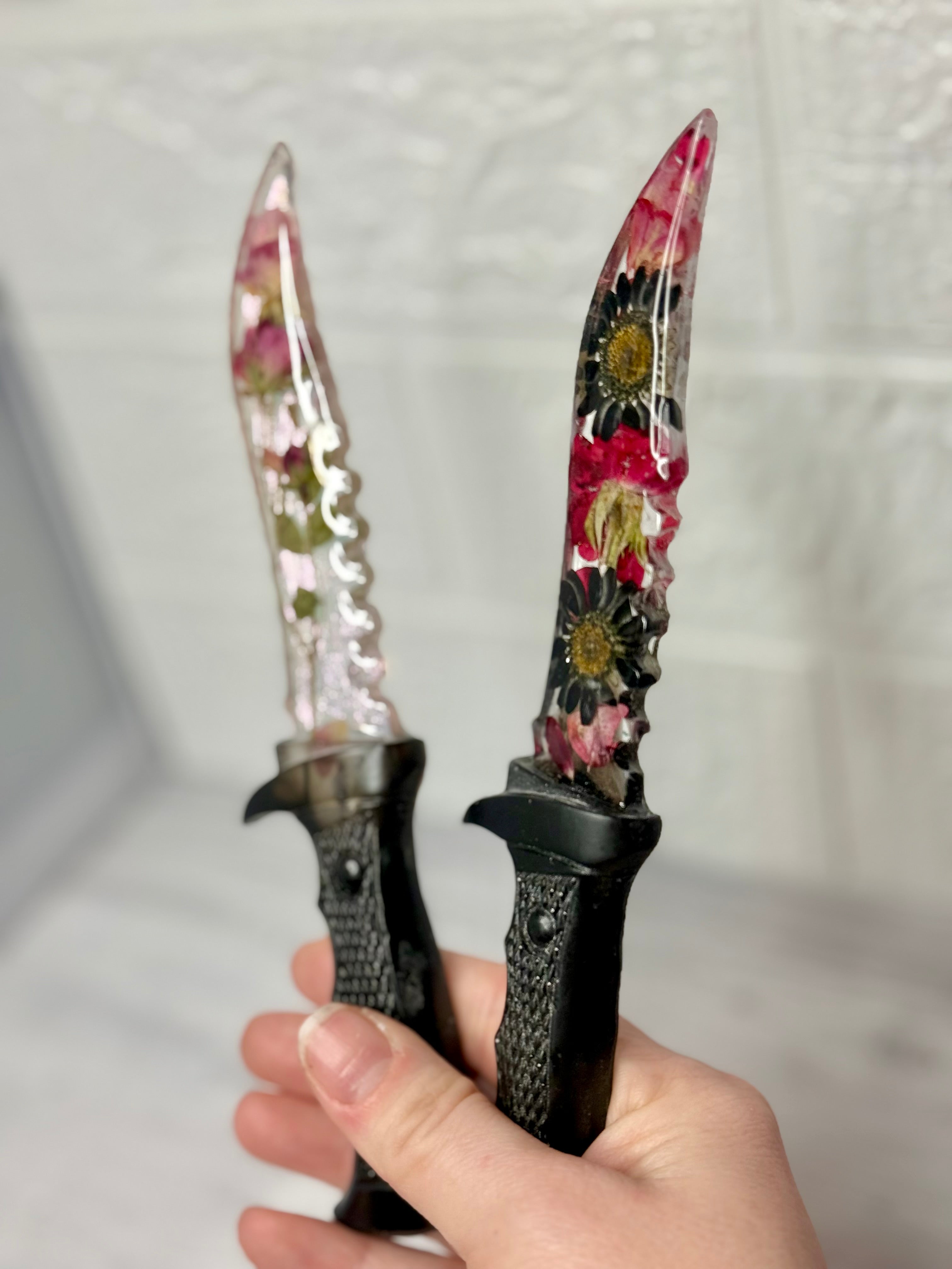 Flower Filled Fake Resin Knife With Black Handle