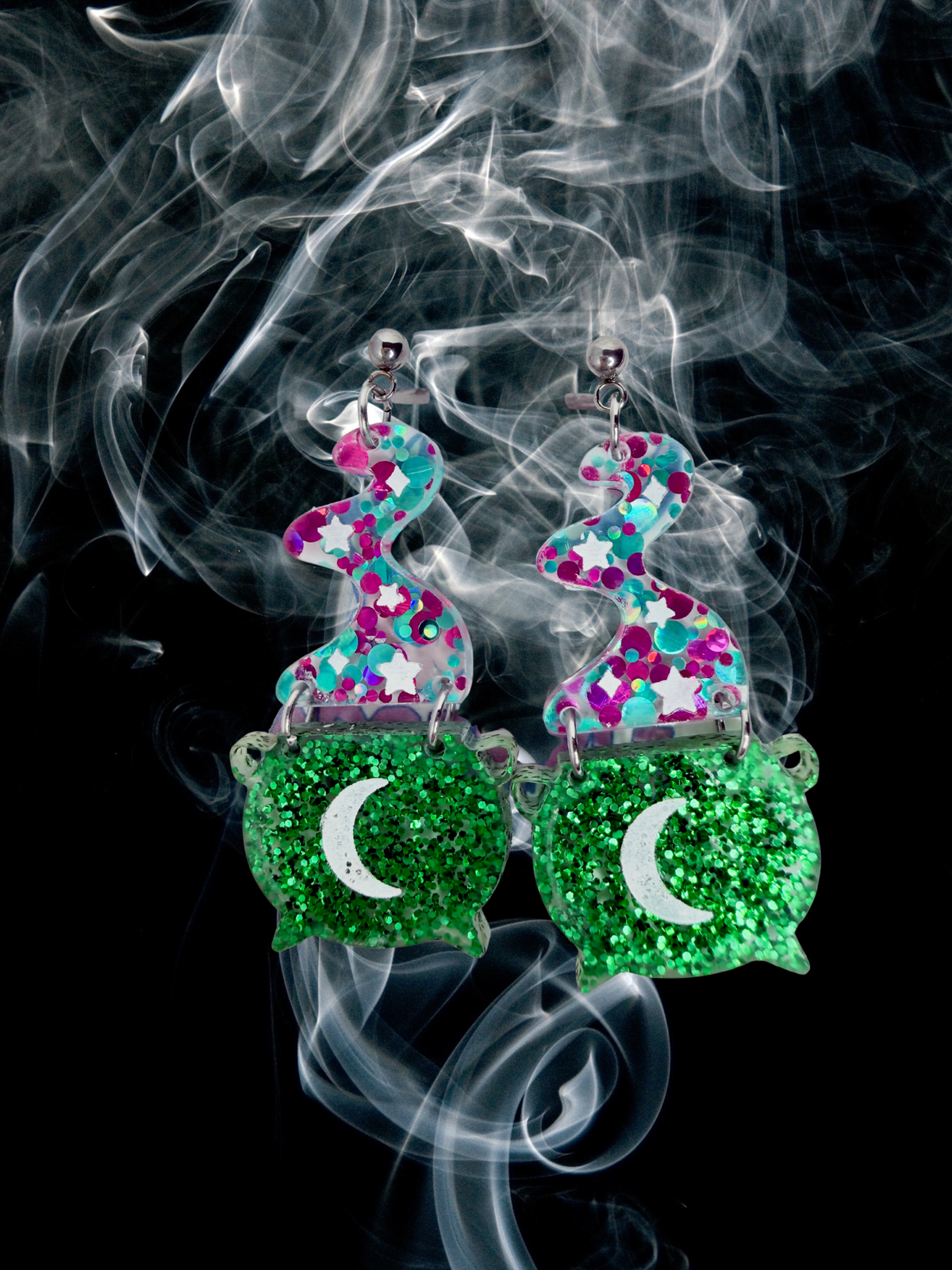 Adorrible Witch’s Cauldron Earrings featuring small black cauldrons with fiery orange accents, perfect for witch-themed accessories.