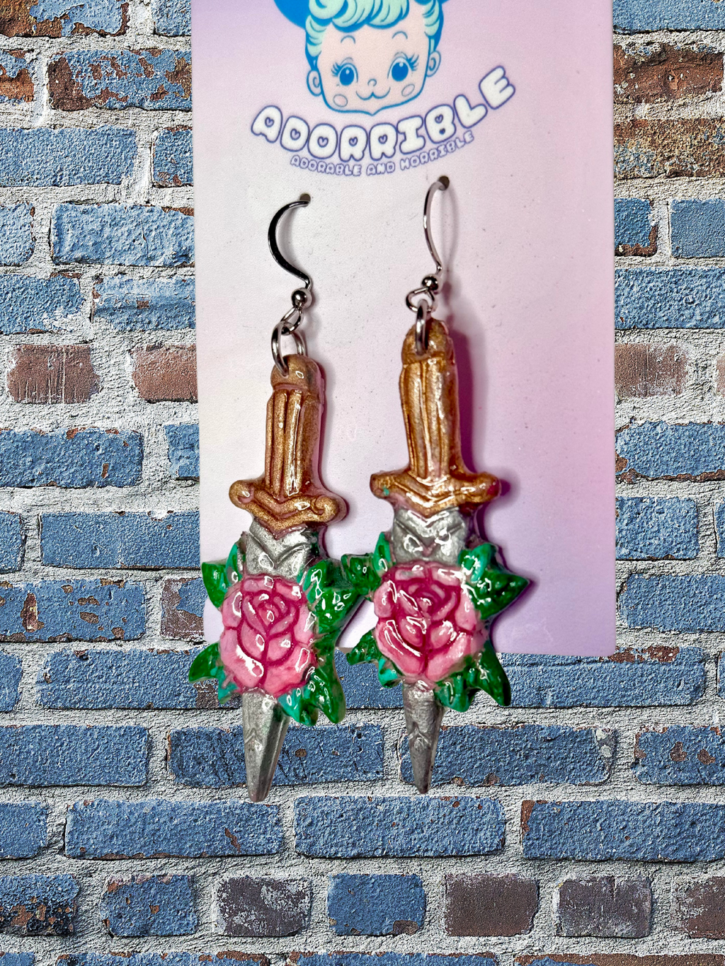 Rose Dagger Traditional Tattoo Inspired Polymer Clay Earrings - Adorrible
