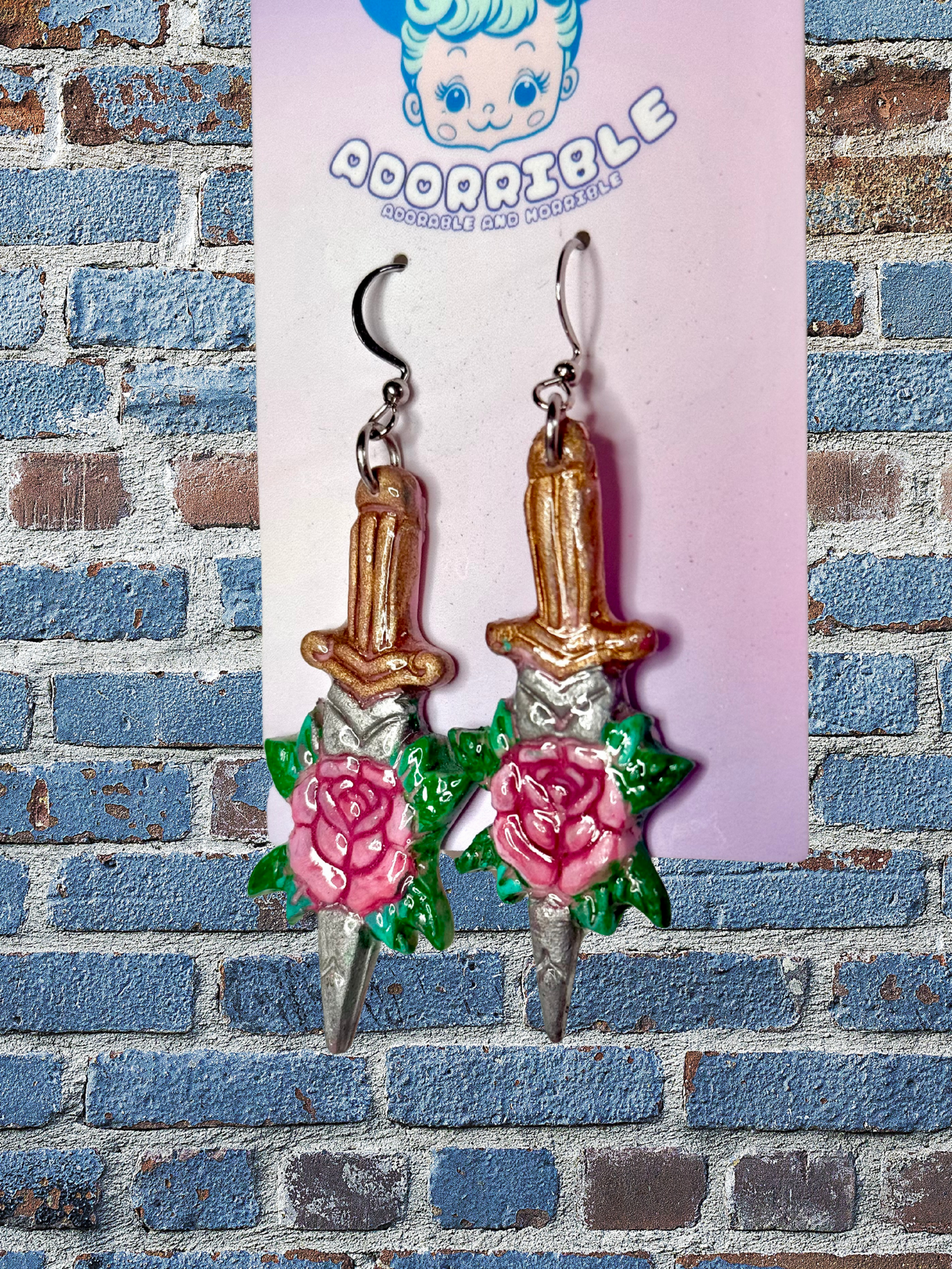 Rose Dagger Traditional Tattoo Inspired Polymer Clay Earrings