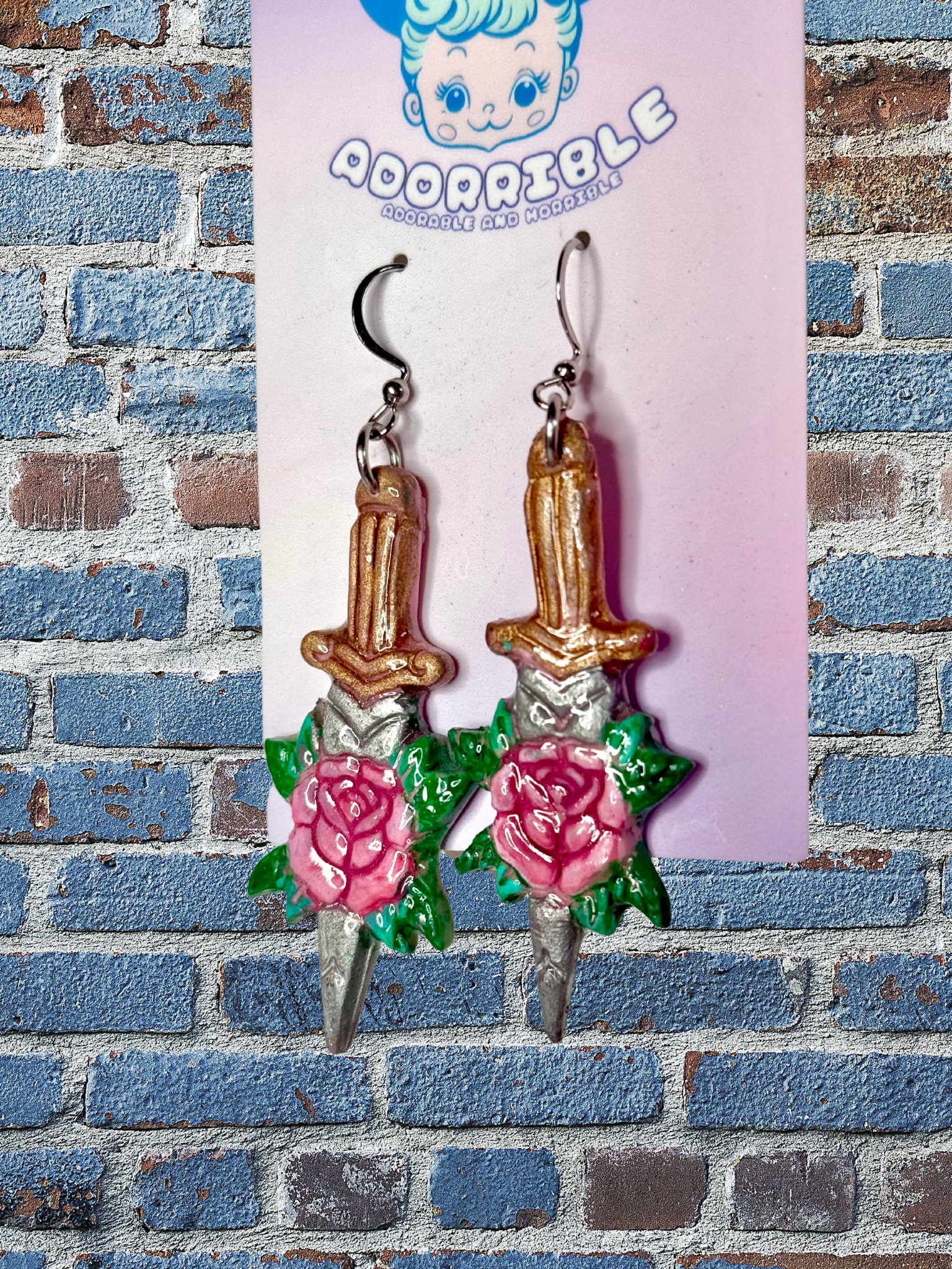 Rose Dagger Traditional Tattoo Inspired Polymer Clay Earrings - Adorrible