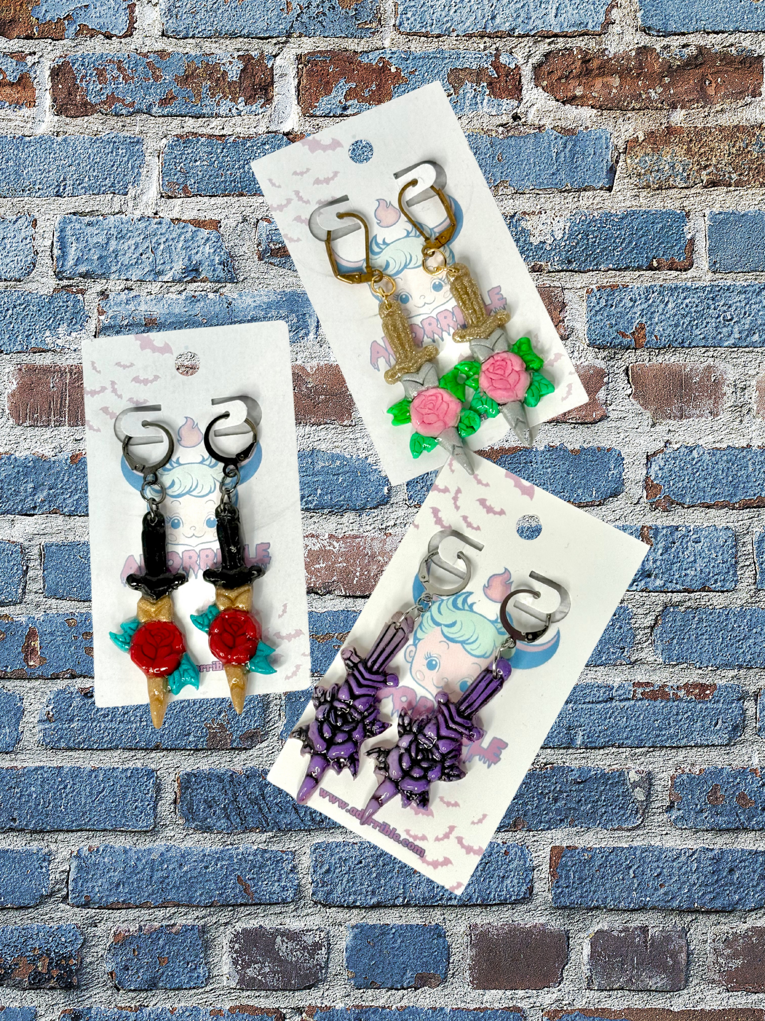 Rose Dagger Traditional Tattoo Inspired Polymer Clay Earrings - Adorrible