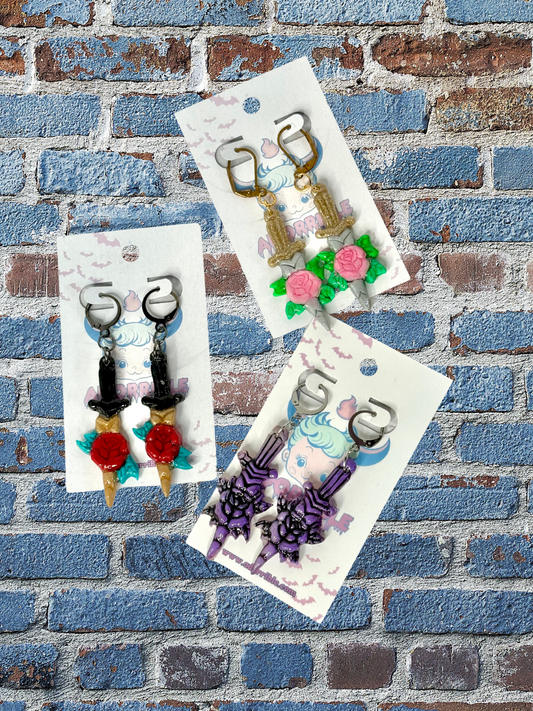 Rose Dagger Traditional Tattoo Inspired Polymer Clay Earrings