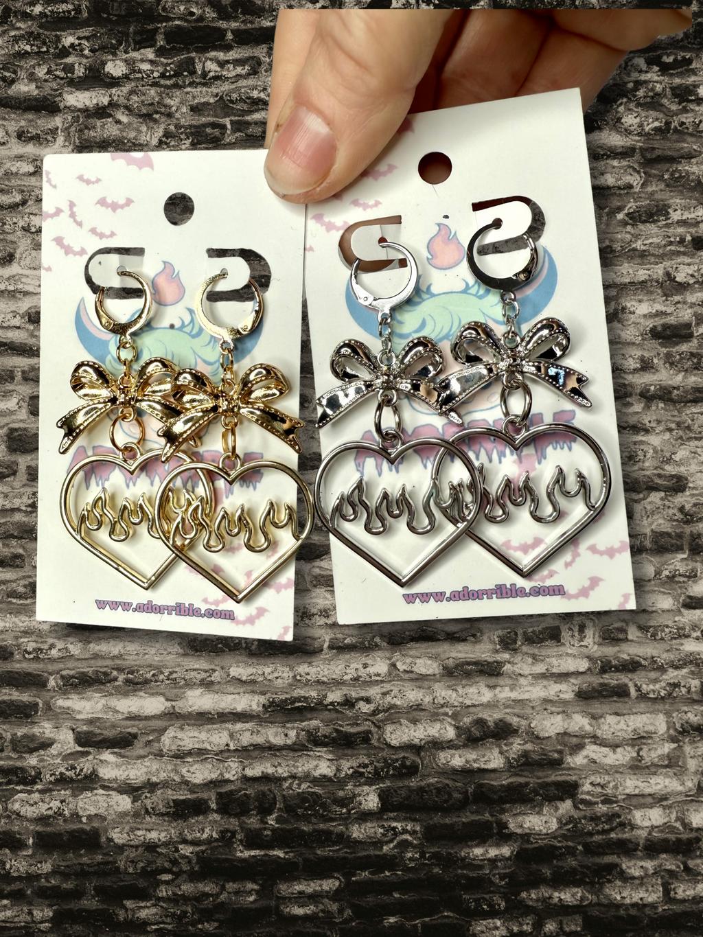 Y2K Flaming Heart Bow Dangle Earrings - Adorrible