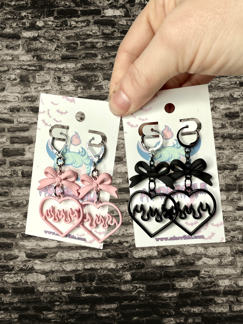 Y2K Flaming Heart Bow Dangle Earrings - Adorrible