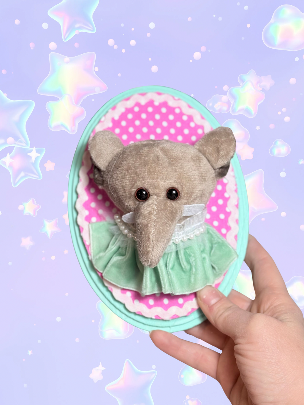 Adorrible plushie mounted taxidermy wall hanging featuring a soft, plush animal figure with realistic details on a wooden plaque.