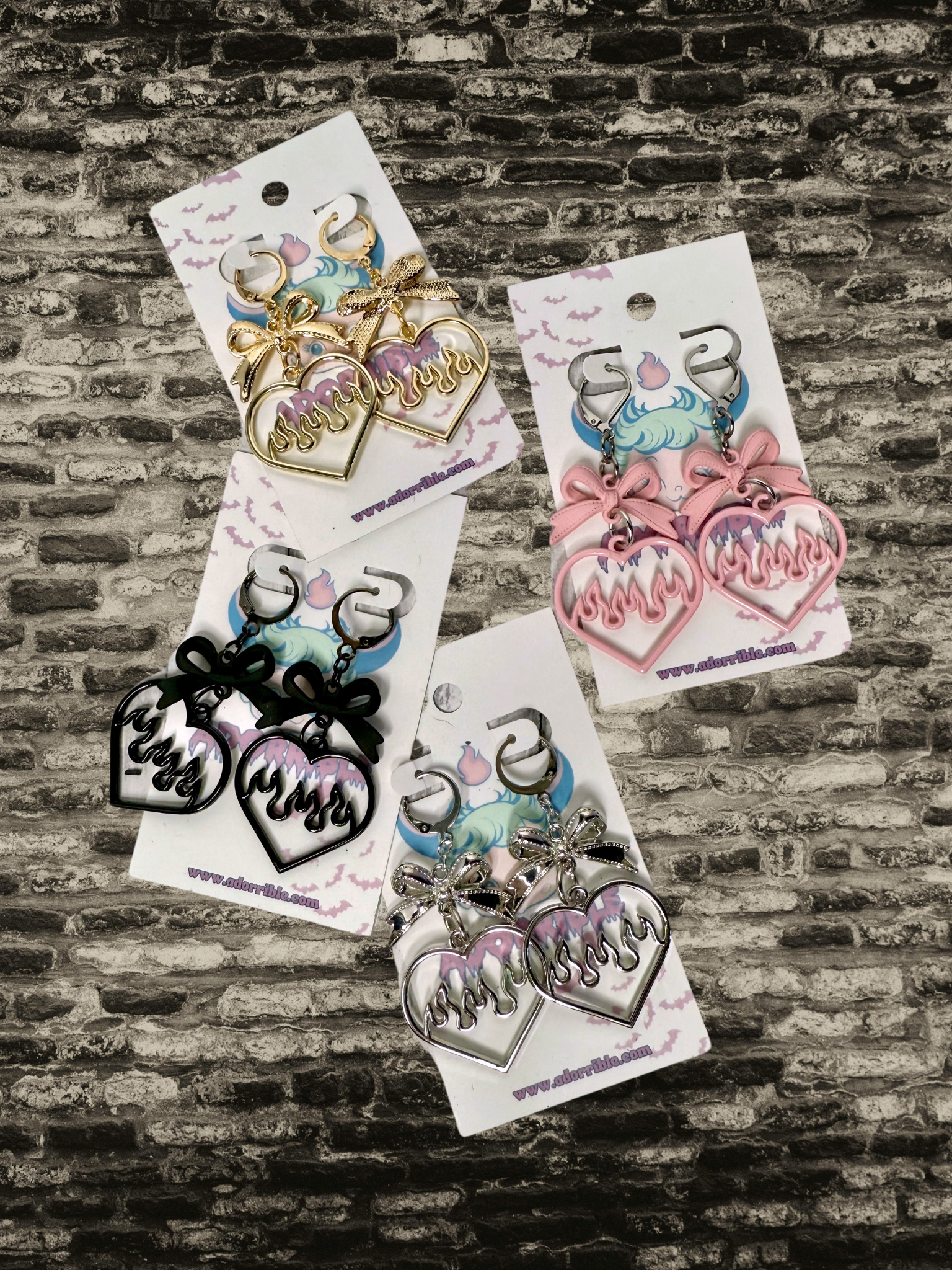 Y2K Flaming Heart Bow Dangle Earrings - Adorrible