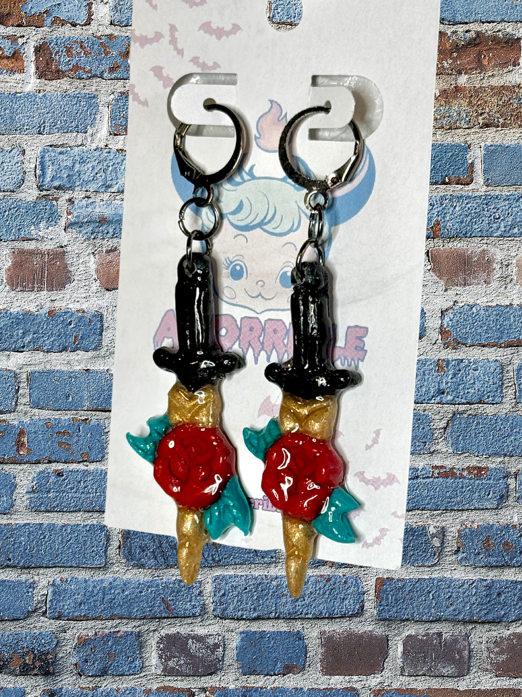 Rose Dagger Traditional Tattoo Inspired Polymer Clay Earrings - Adorrible