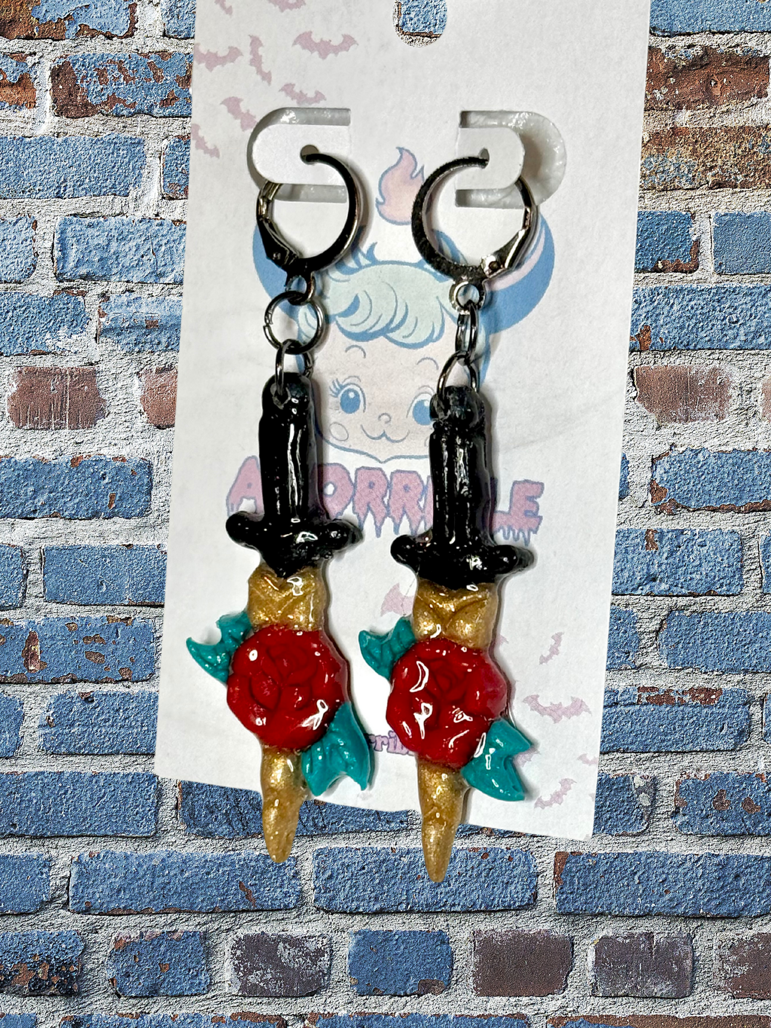 Rose Dagger Traditional Tattoo Inspired Polymer Clay Earrings - Adorrible