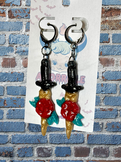 Rose Dagger Traditional Tattoo Inspired Polymer Clay Earrings