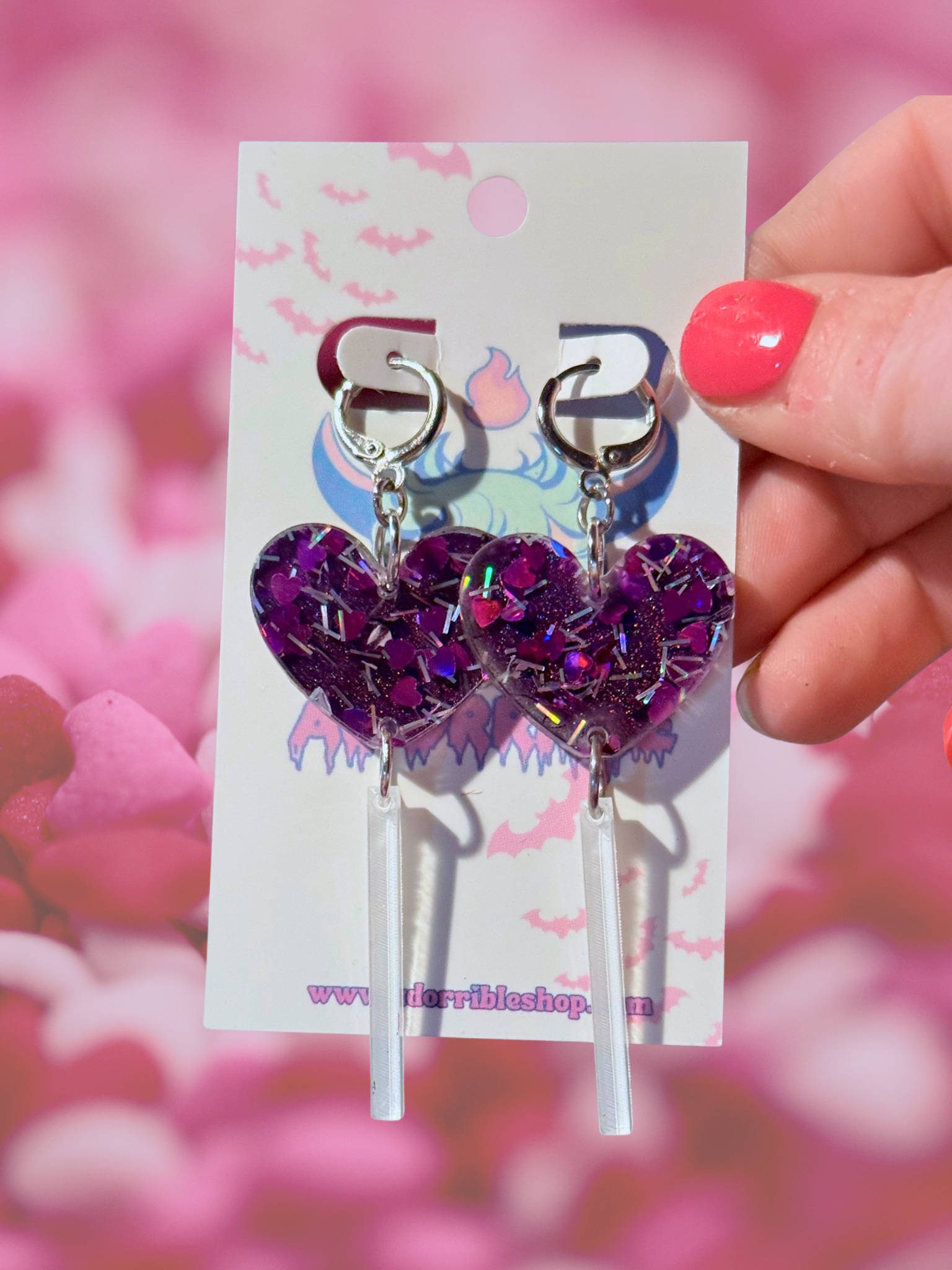 Adorrible Heart Lollipop Acrylic Dangle Earrings with colorful heart-shaped design and playful candy-inspired style.