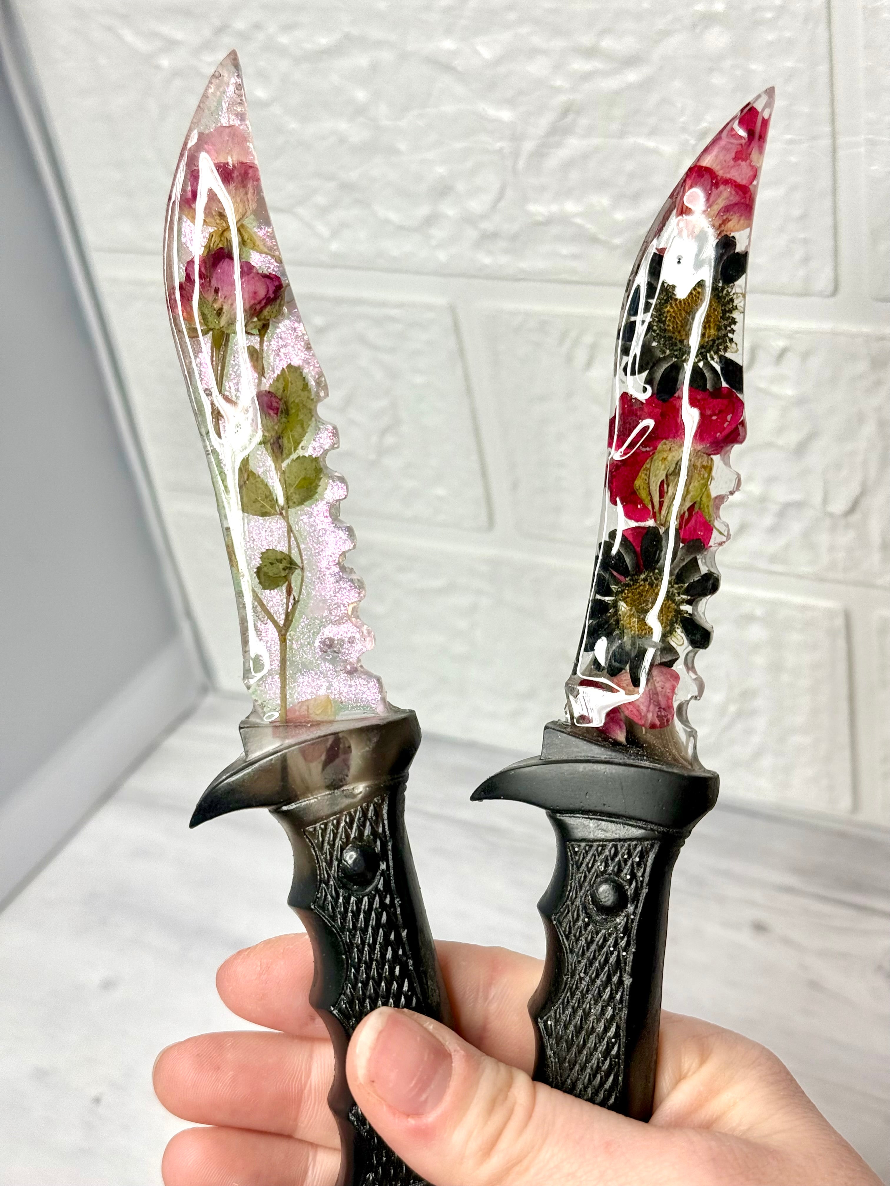 Flower Filled Fake Resin Knife With Black Handle