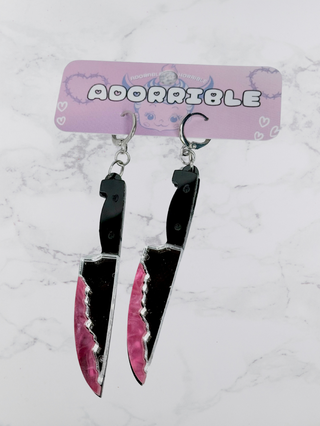 Layered Bloody Knife Dangle Dagger Earrings by Adorrible featuring gothic-style silver-tone earrings with dagger and blood-themed design