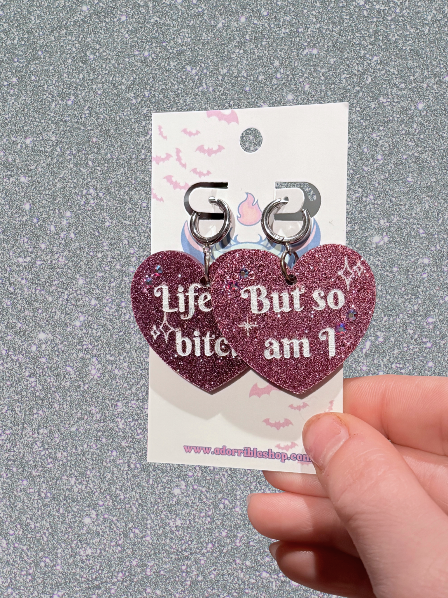 Life’s a Bitch but So Am I Sassy Acrylic Glitter Heart Earrings