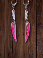 Adorrible Two Part Bloody Knife earrings featuring realistic silver and blood-red details, perfect for edgy fashion styles.