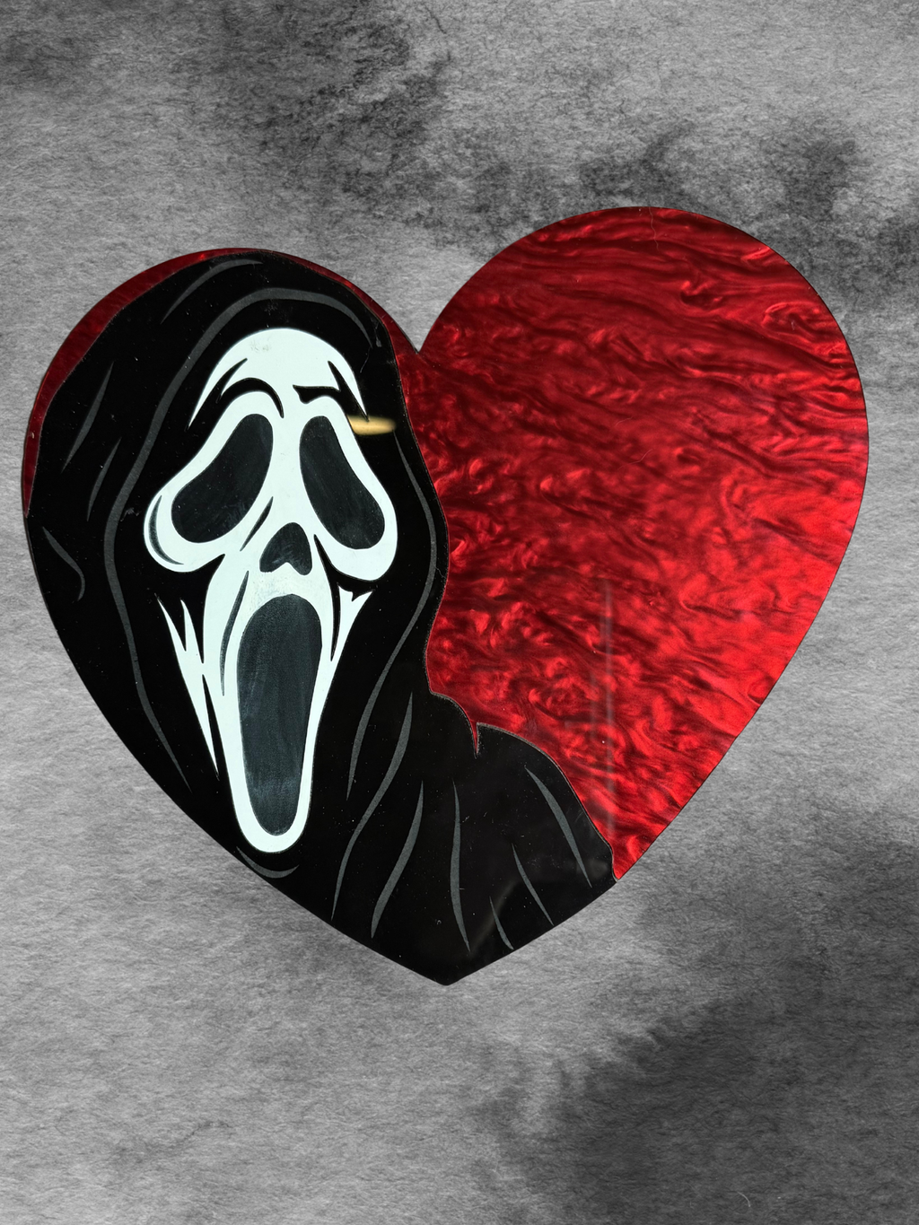 I Heart Ghostface acrylic wall art hanging with bold design, perfect for decorating walls with a spooky, artistic touch.