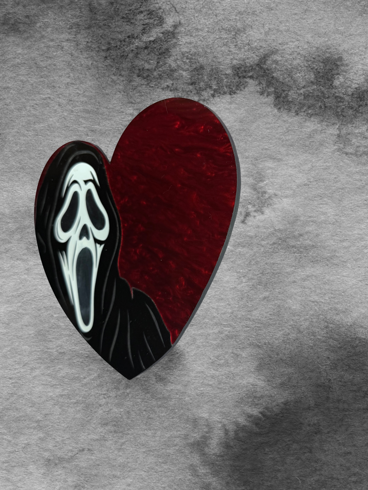 Adorrible I Heart Ghostface acrylic wall art hanging featuring a bold Ghostface design on a sleek wall display.