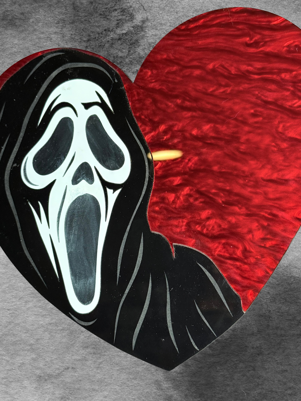 I Heart Ghostface acrylic wall hanging art by Adorrible featuring a bold Ghostface design on a clear acrylic panel.