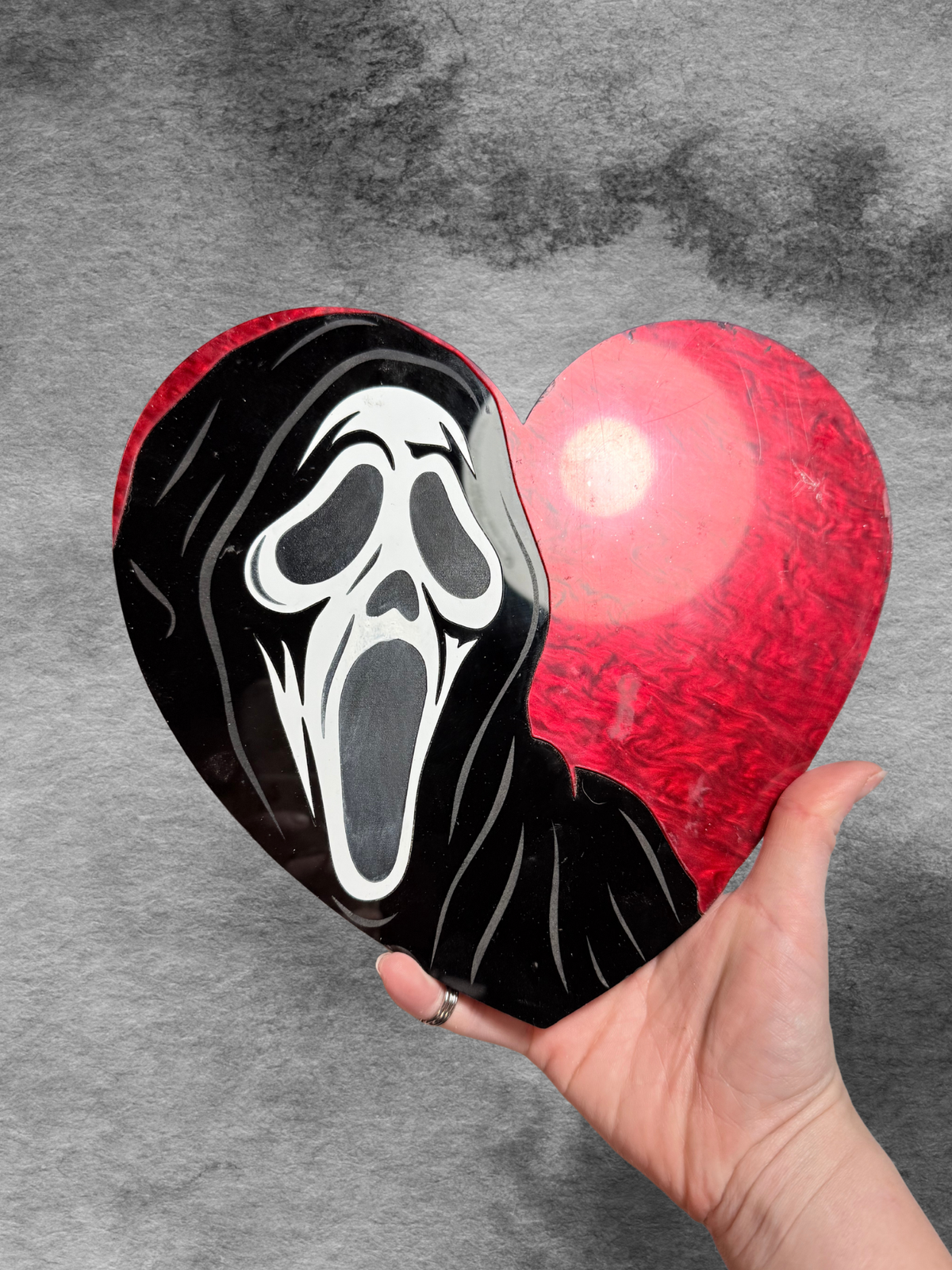 I Heart Ghostface acrylic wall art wall hanging by Adorrible featuring a bold design of Ghostface from Scream.