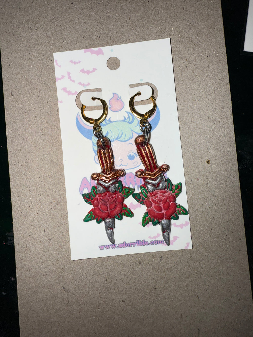 Rose Dagger Traditional Tattoo Inspired Polymer Clay Earrings - Adorrible