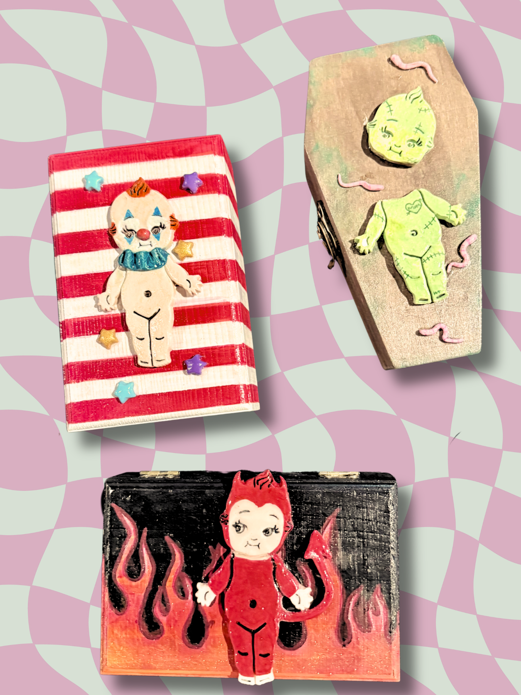 Adorrible Kewpie Wooden Boxes, handcrafted storage containers with intricate wood grain and detailed Kewpie doll designs.