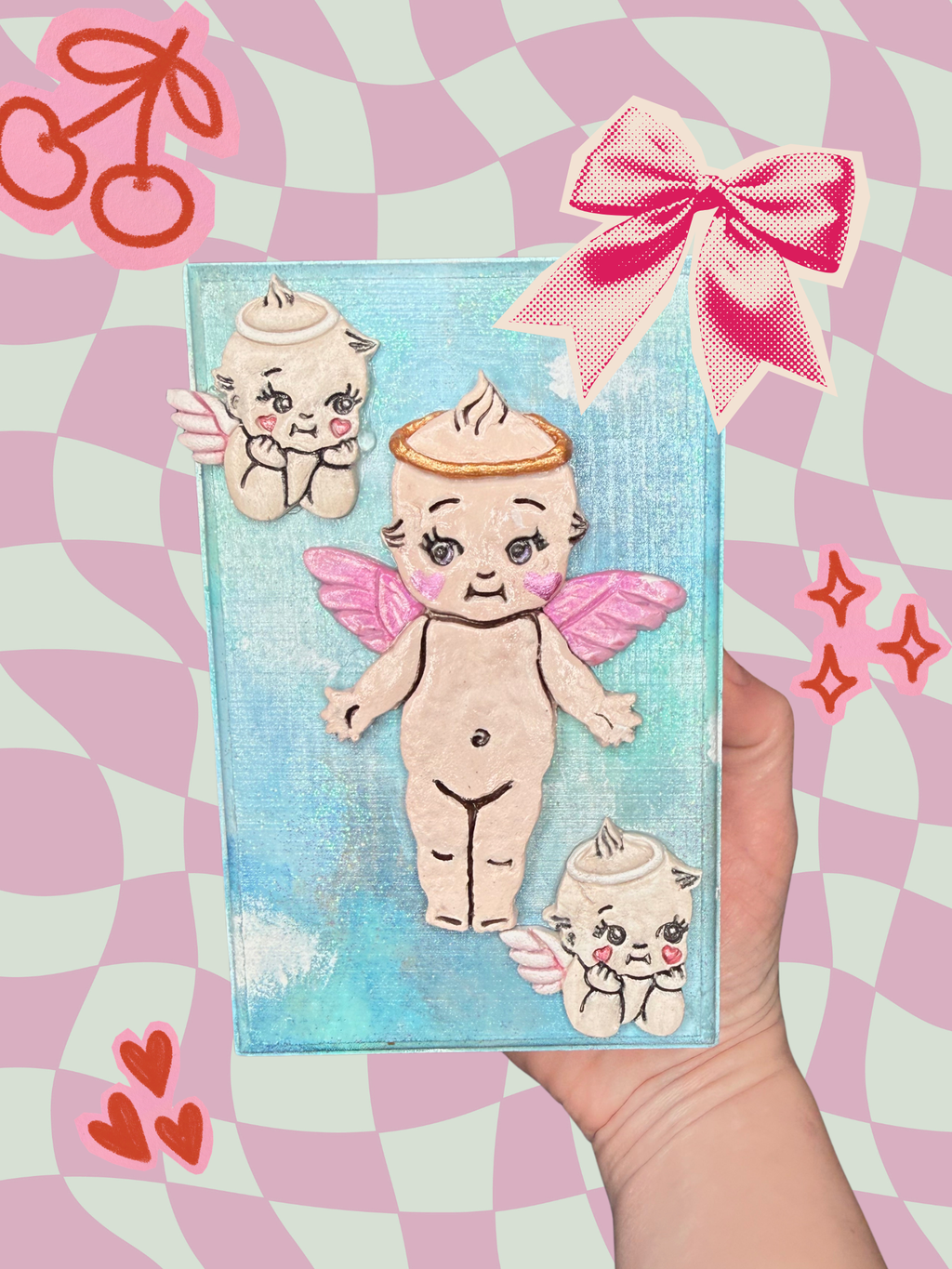 Hand-painted Kewpie wooden boxes by Adorrible with colorful, whimsical designs, showcasing intricate artwork on smooth wooden surfaces.