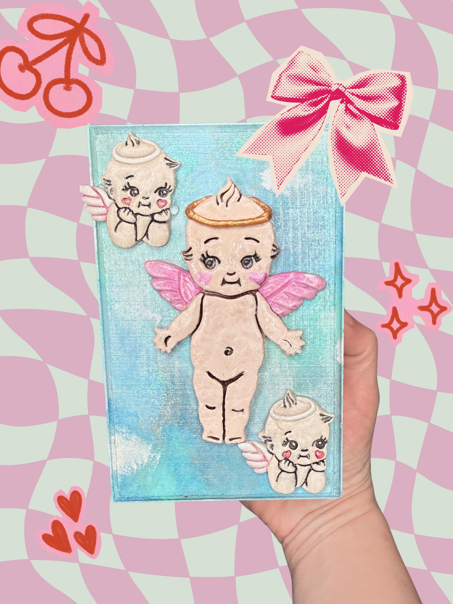 Hand-painted Kewpie wooden boxes by Adorrible with colorful, whimsical designs, showcasing intricate artwork on smooth wooden surfaces.