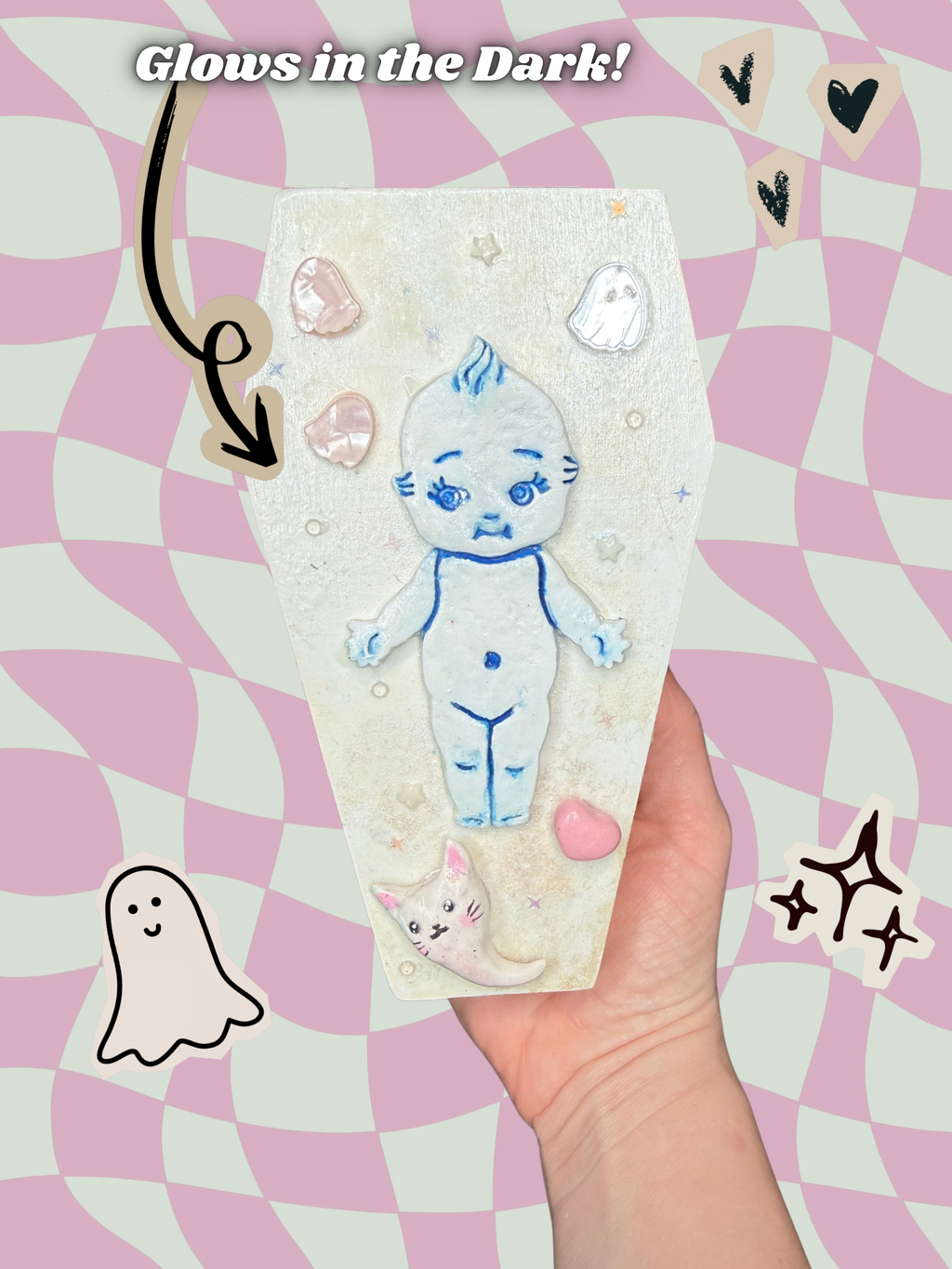 Hand painted Kewpie wooden boxes by Adorrible featuring colorful, detailed illustrations on smooth wooden surfaces.