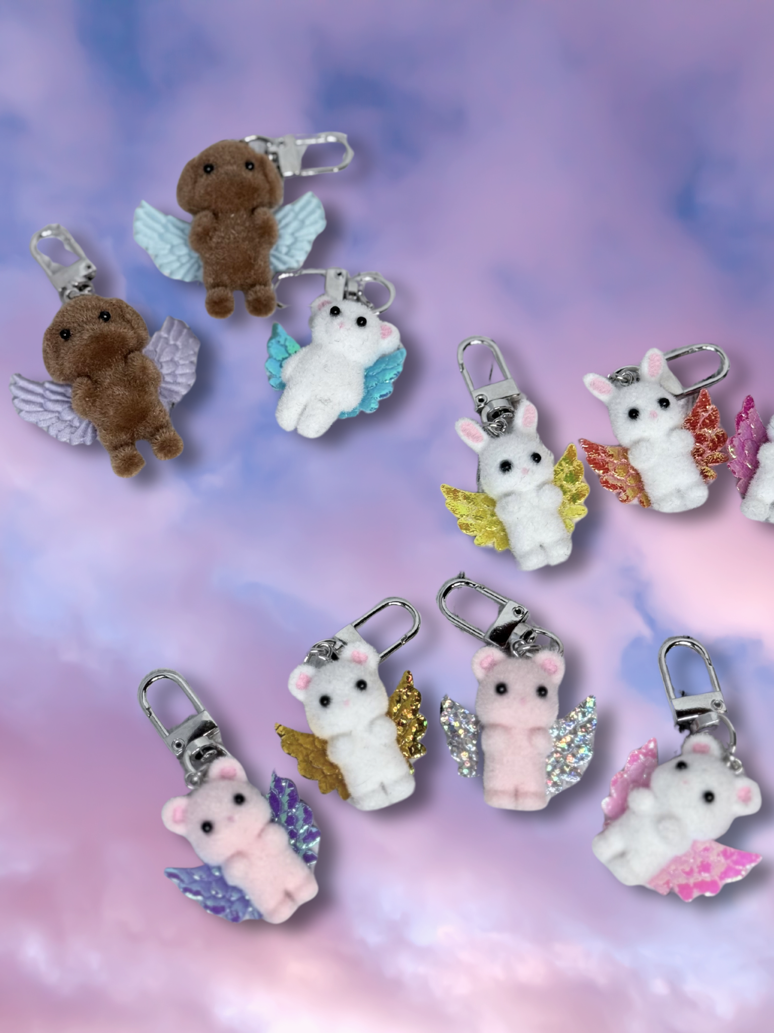 Adorrible Cupid Cuties animal keychain with wings, featuring colorful, cute winged animal designs on a metal keyring.