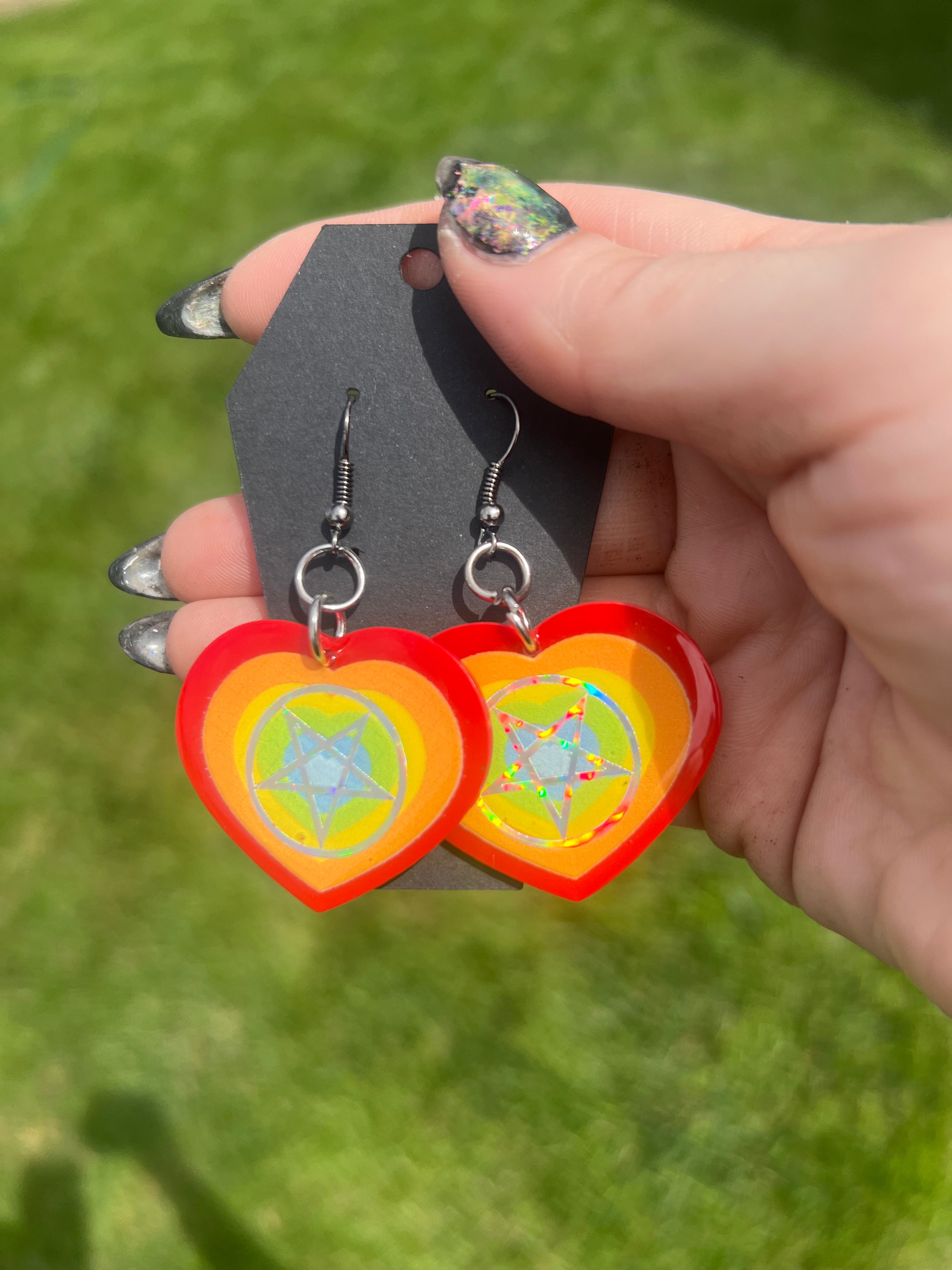 Holographic Pentagram Heart Earrings - Adorrible